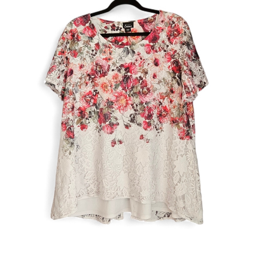 Simply Emma Floral Lace Overlay Blouse Plus Size 2X